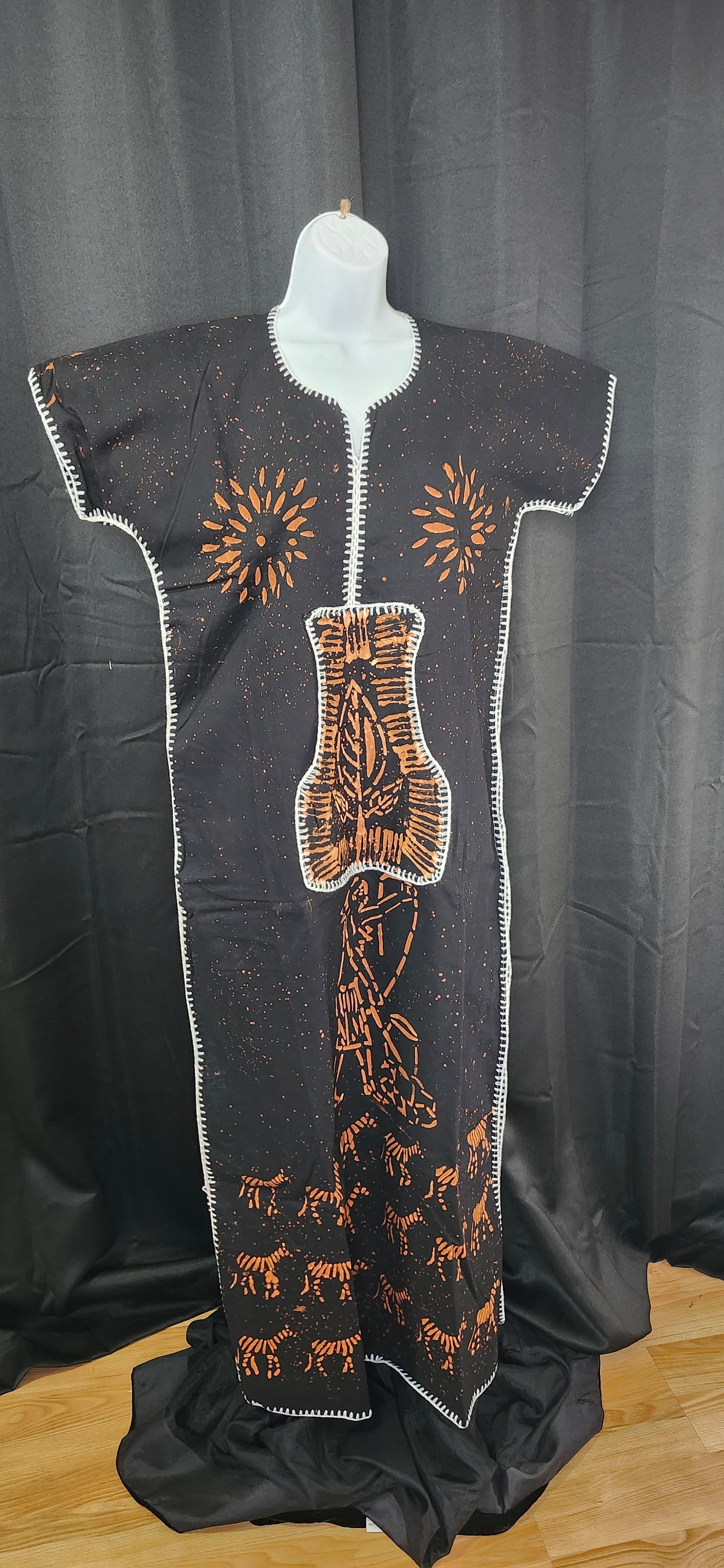 Artisan-Stamped Black & Copper "Hut Life" Kaftan Dress