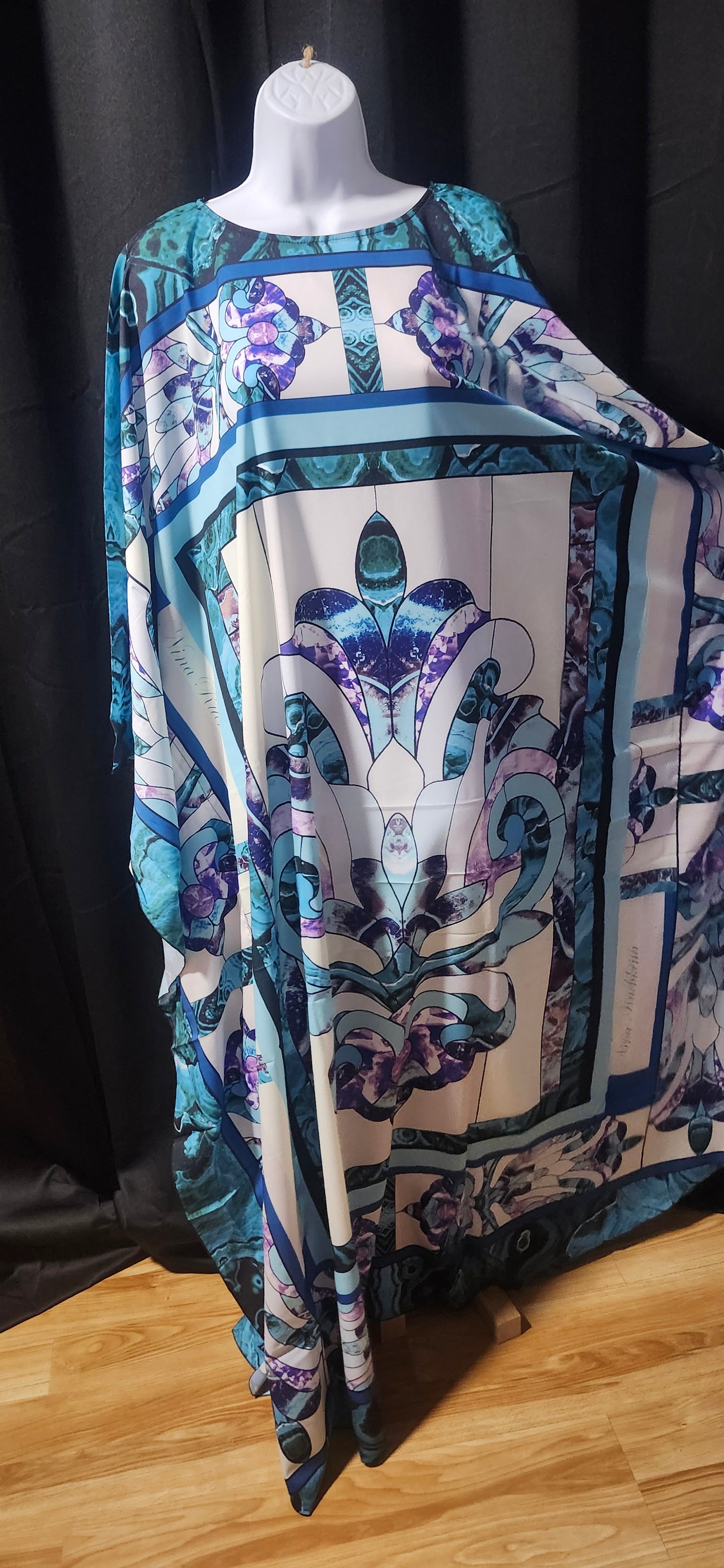 Blue & Purple Floral Silk-Like Kaftan