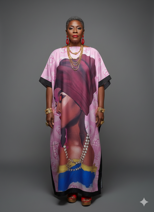 Pink & Blue Silk-Like Kaftan with Portrait Art