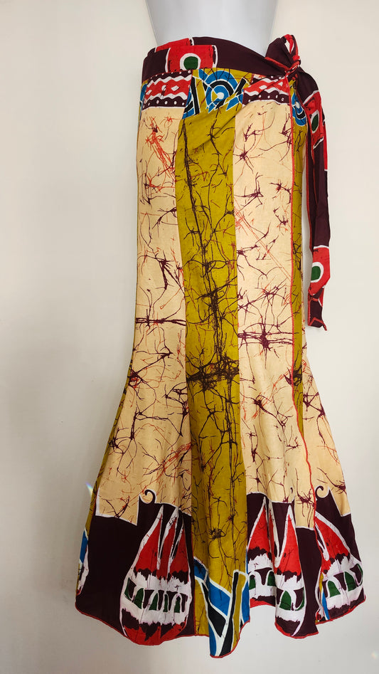 Mermaid skirt with Mustard yellow and Batik fabric with abstract pattern