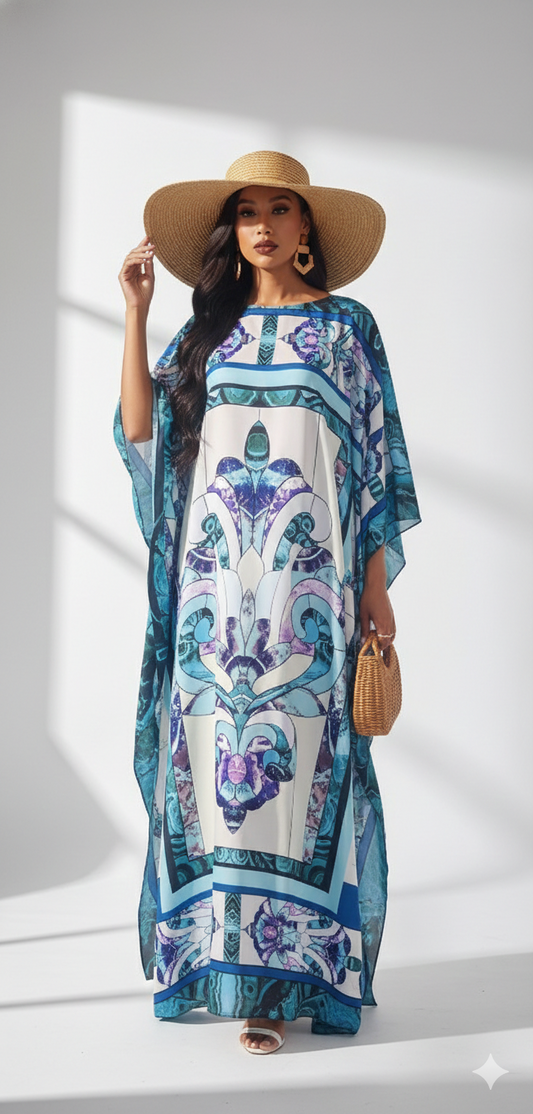 Blue & Purple Floral Silk-Like Kaftan