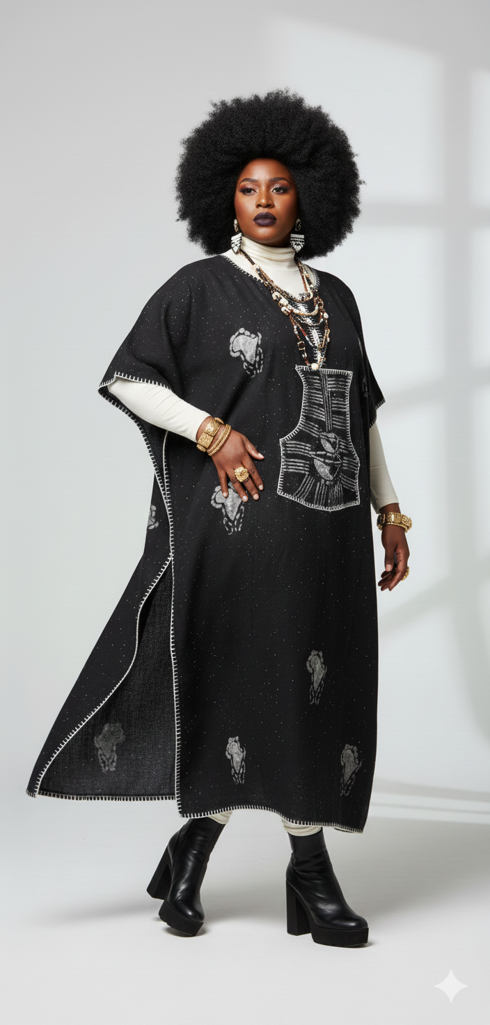 Woman wearing a black embroidered dress with a white background