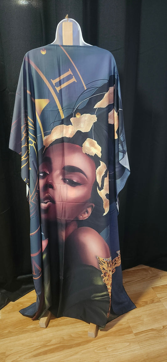 Decorative black dress with artistic design of a woman