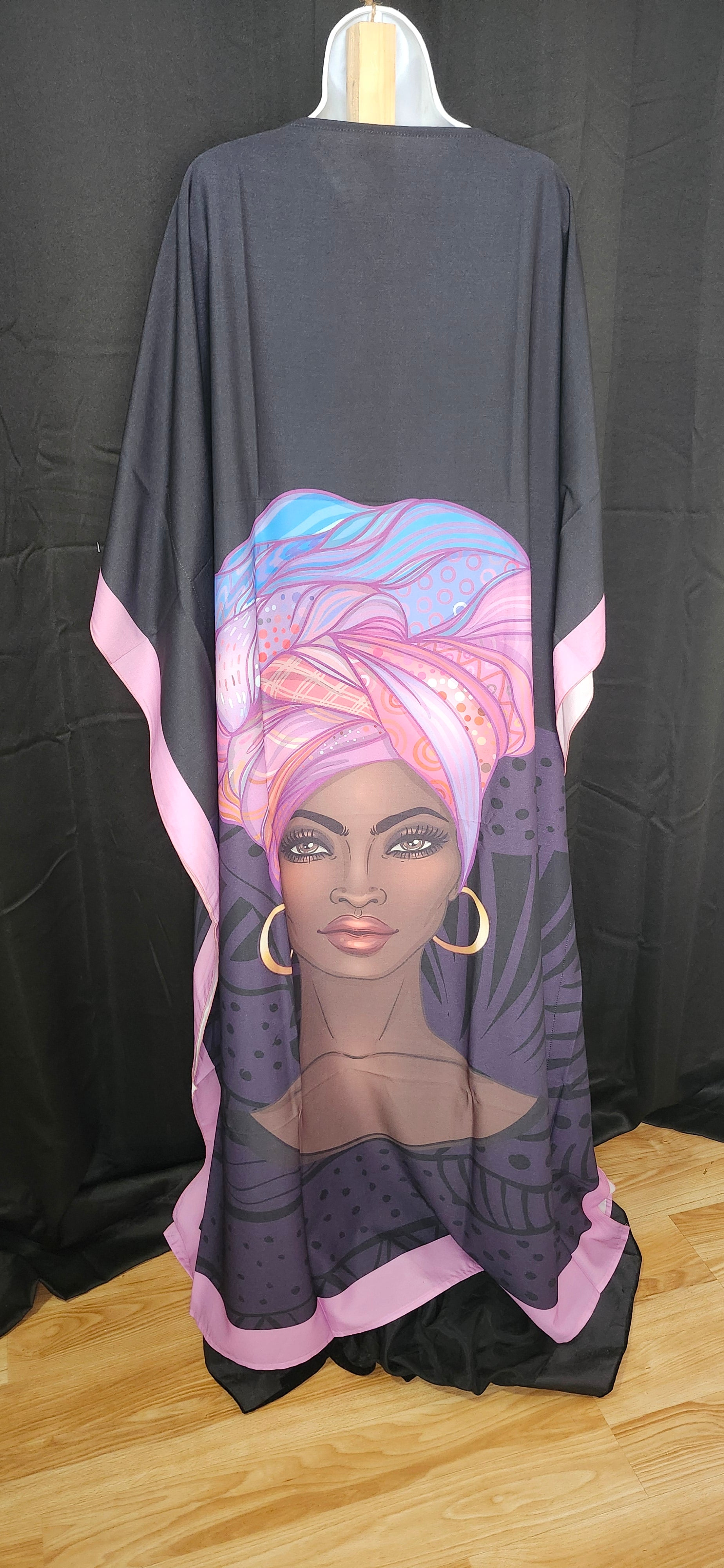 Long black dress with a colorful graphic of a woman's face