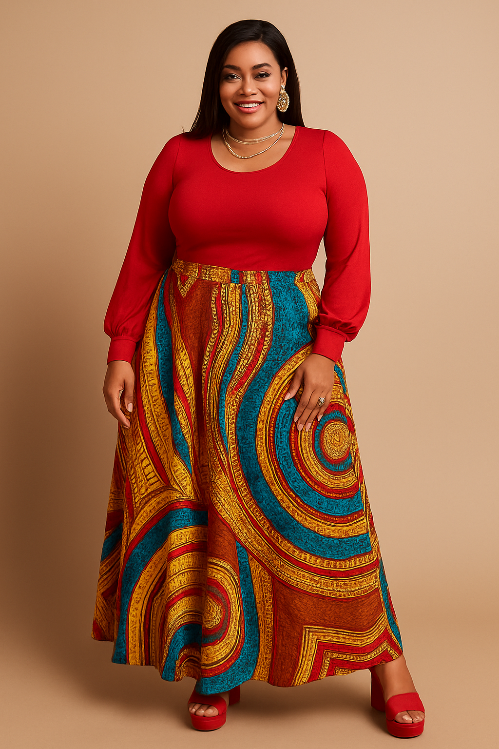 Turquoise, yellow, red, and shade of brown geometric patterns Maxi Skirt