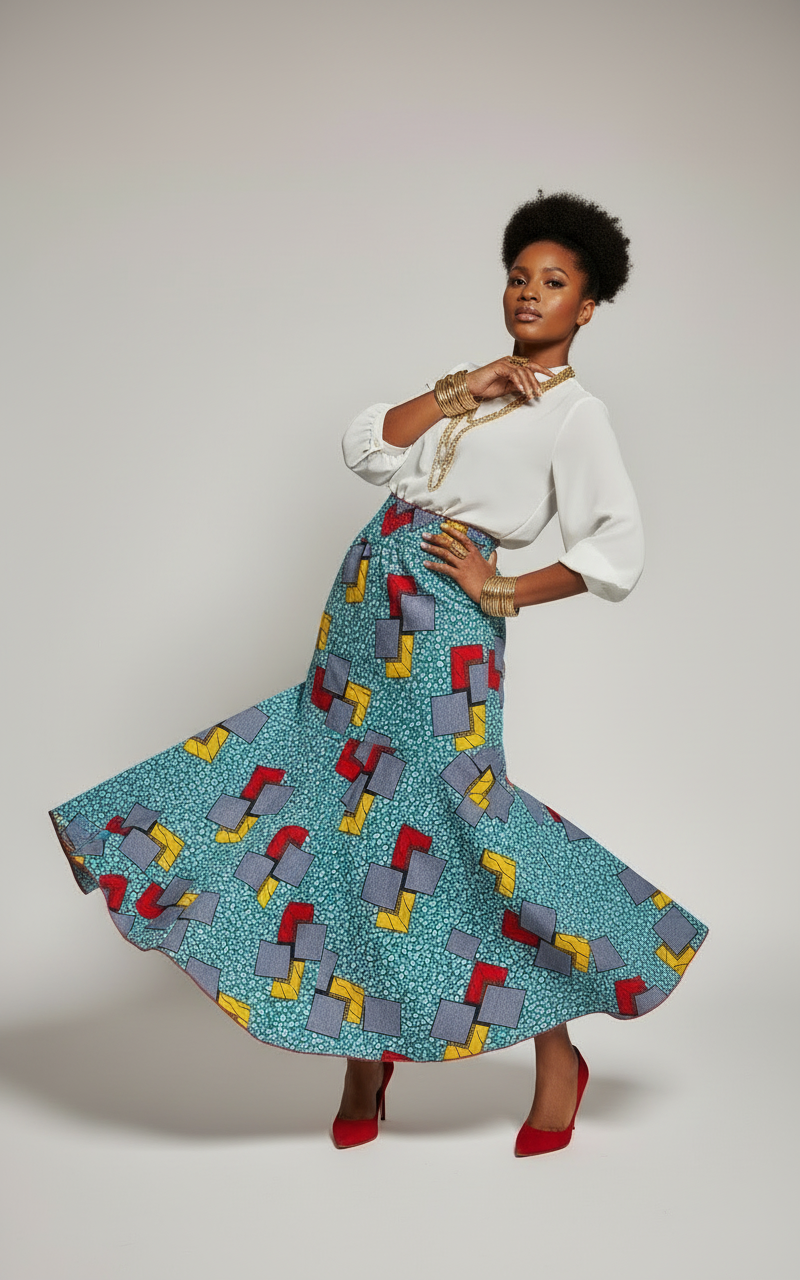 Woman wearing a colorful patterned skirt with a white top on a plain background