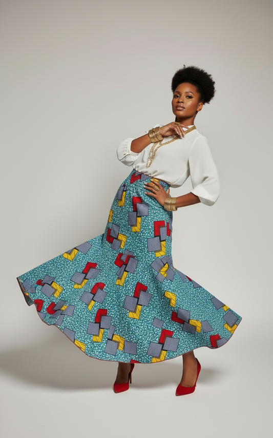 Woman wearing a colorful patterned skirt with a white top on a plain background
