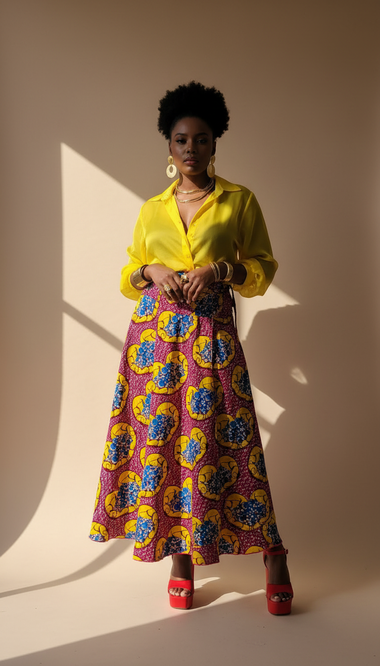 A model with a yellow shirt and vibrant maxi fed, yellow and blue flowy skirt