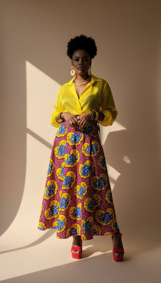 A model with a yellow shirt and vibrant maxi fed, yellow and blue flowy skirt