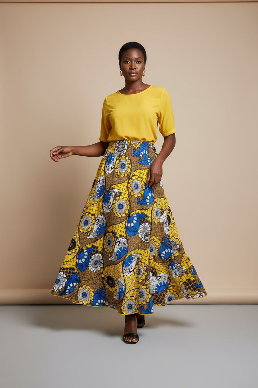 decorative yellow and blue elastic waist skirt on mannequin