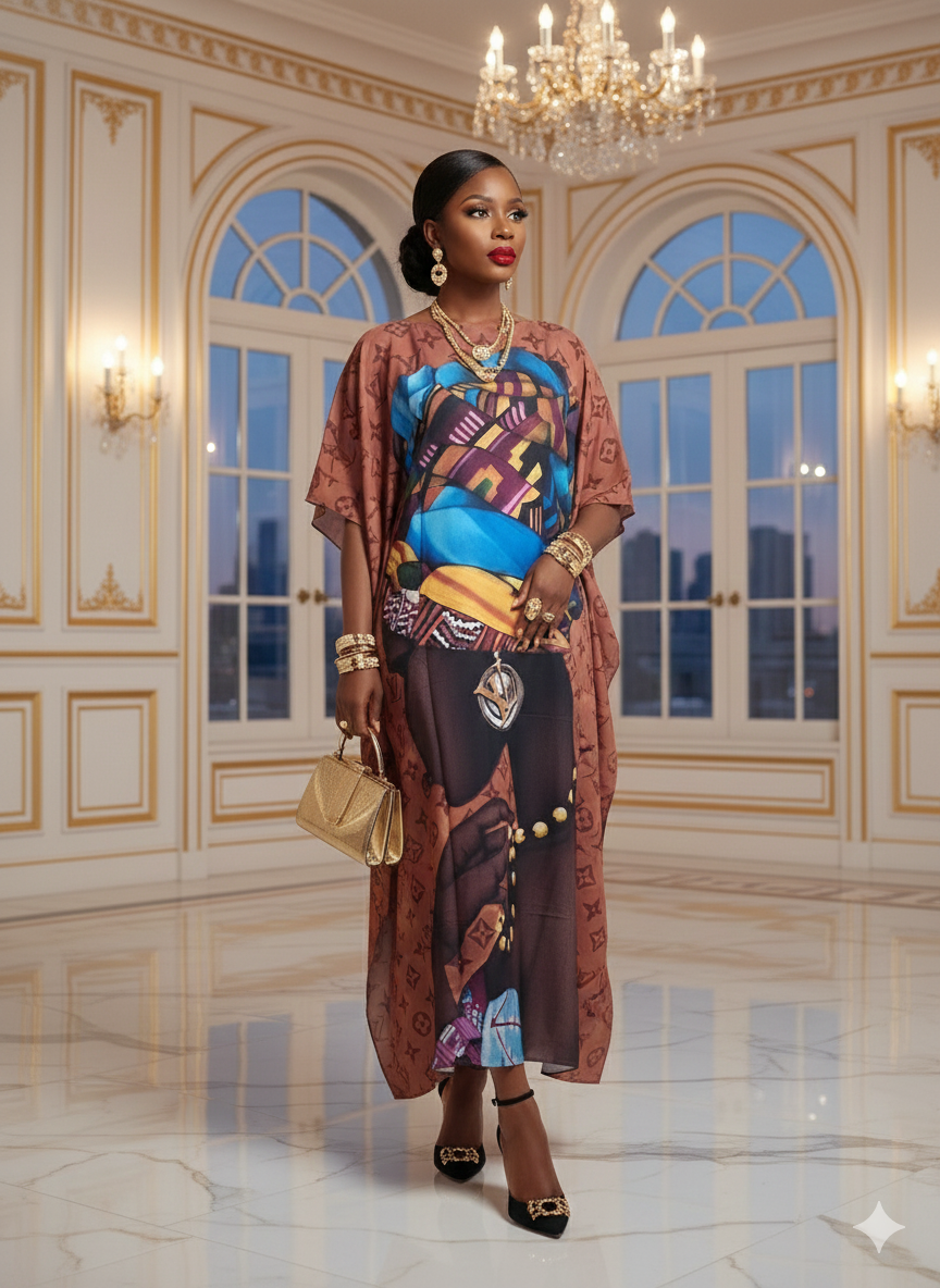 Artistic Heritage Silk-Feel Kaftan – Earthy Tones & Abstract Portrait