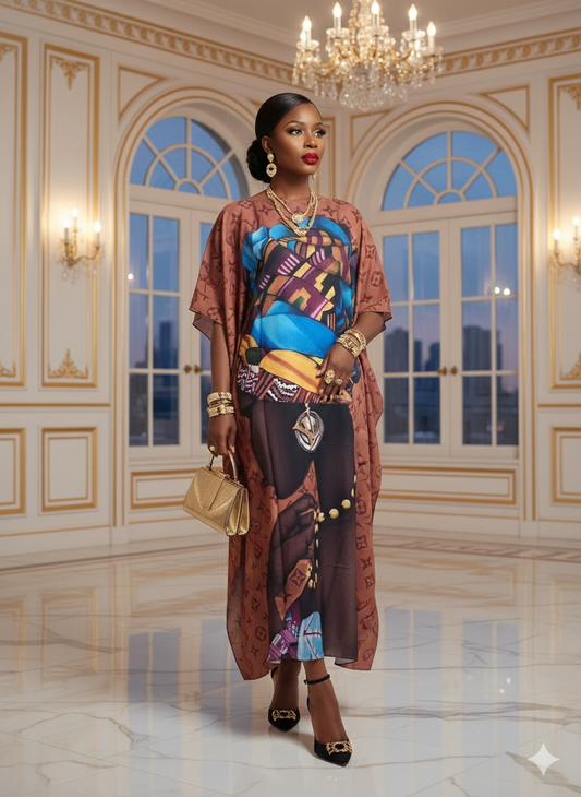 Artistic Heritage Silk-Feel Kaftan – Earthy Tones & Abstract Portrait