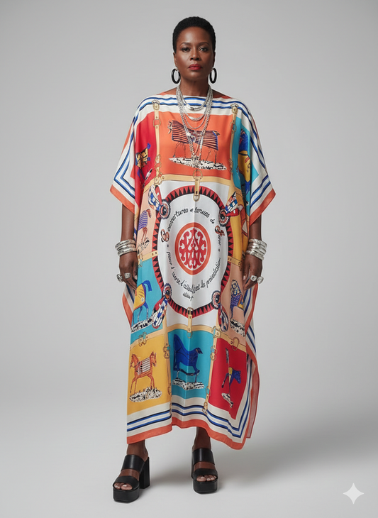 Orange & White Silk-Like Kaftan