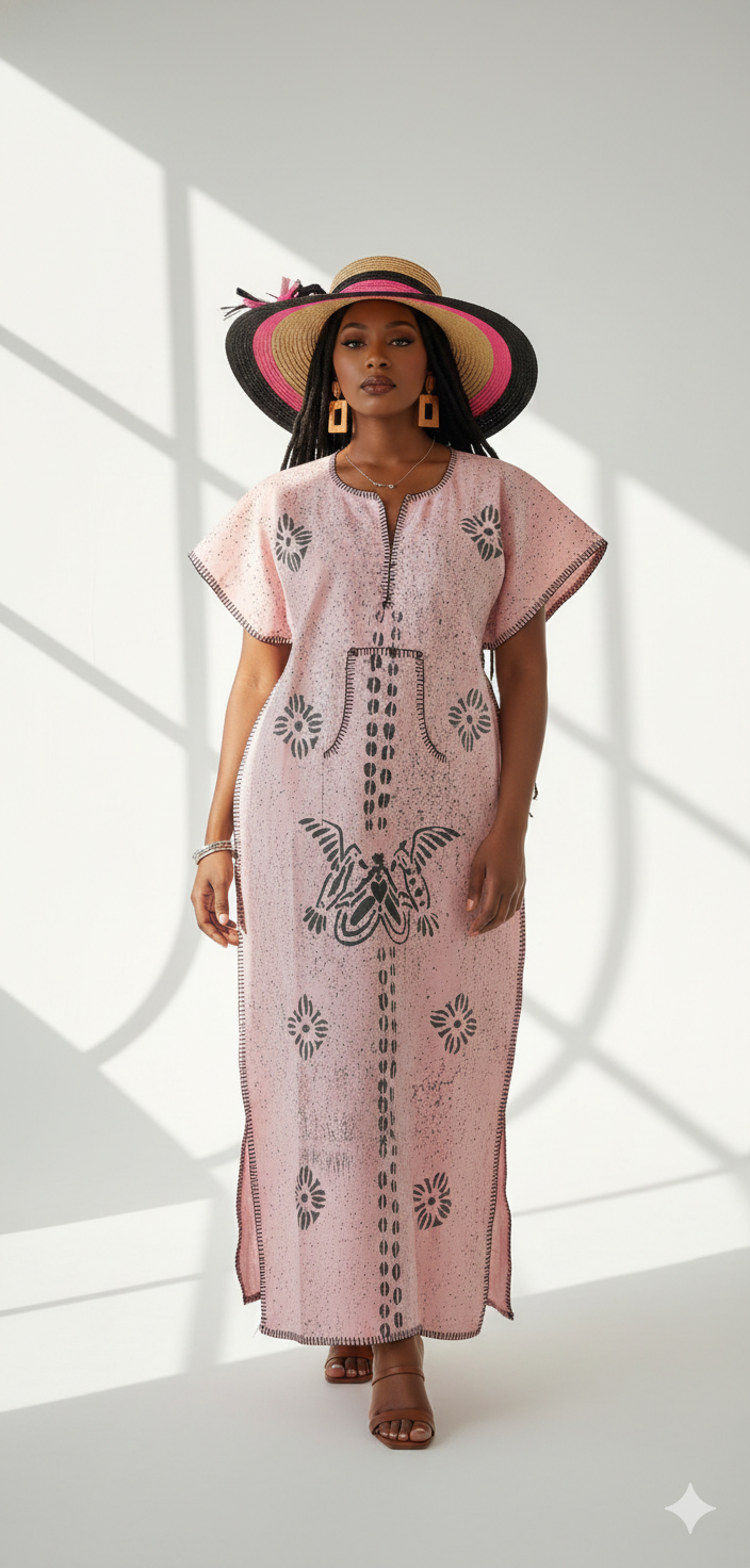 Artisan-Stamped Pink & Grey Dove Kaftan Dress