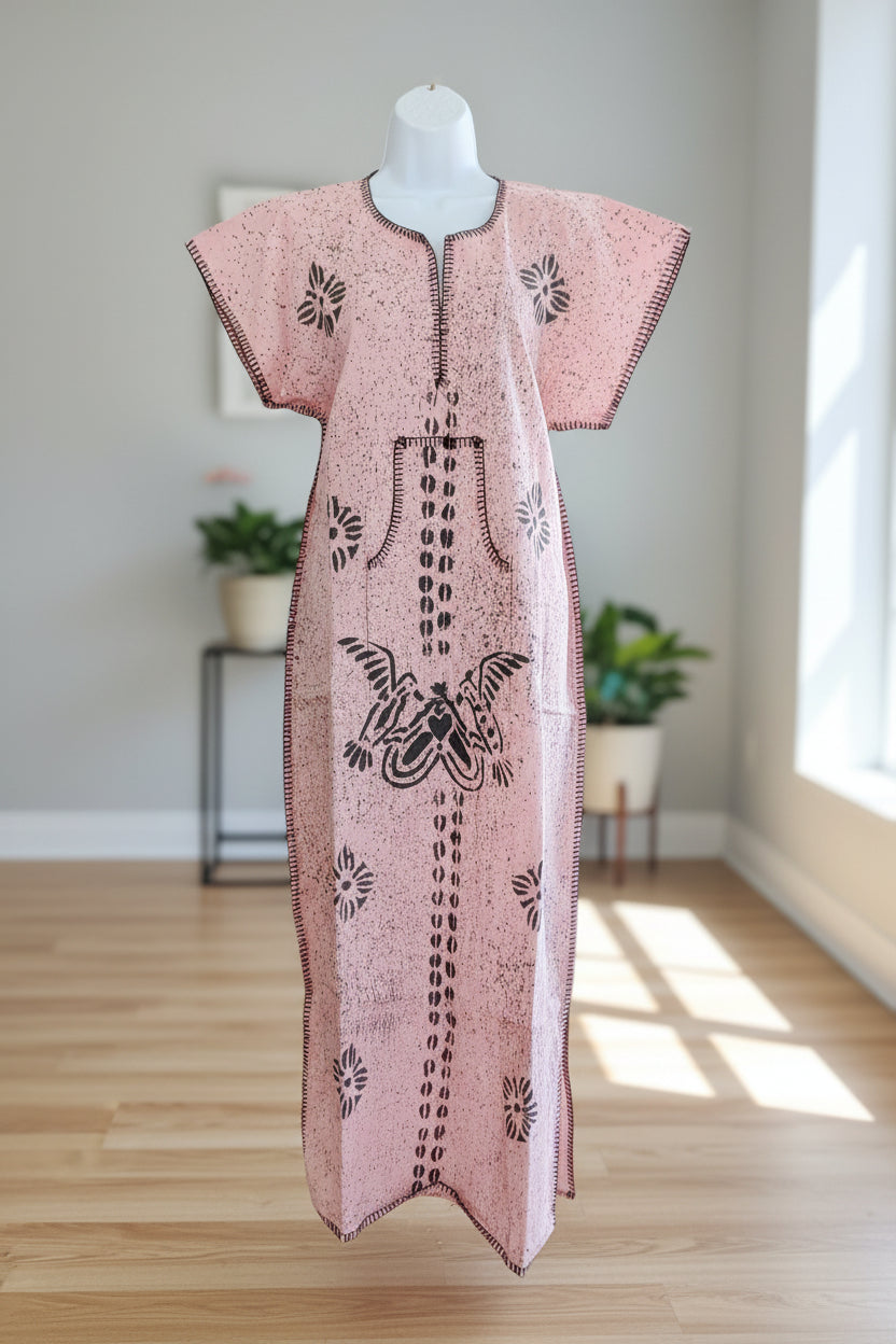 Artisan-Stamped Pink & Grey Dove Kaftan Dress on a mannequin