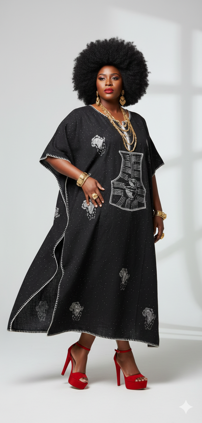 Woman wearing a black embroidered dress with red high heels on a white background