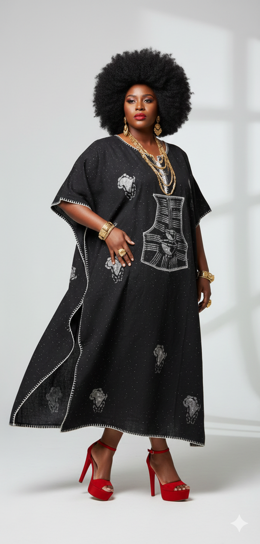 Woman wearing a black embroidered dress with red high heels on a white background