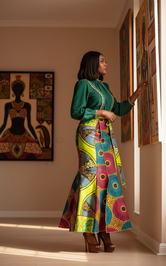 Woman in a colorful dress standing in a room with art on the walls
