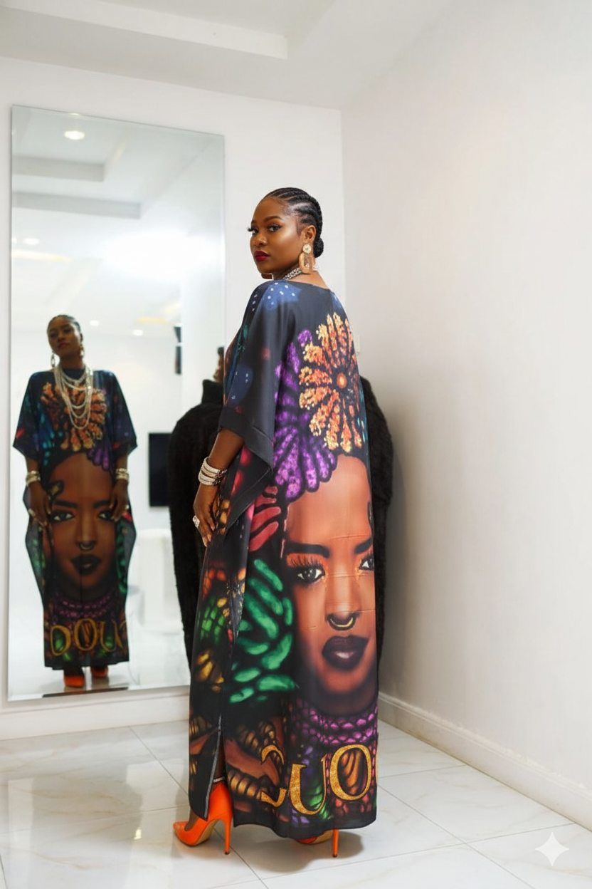 Black, Green, & Red Portrait Silk-Like Kaftan