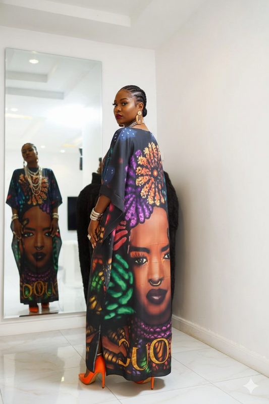 Black, Green, & Red Portrait Silk-Like Kaftan