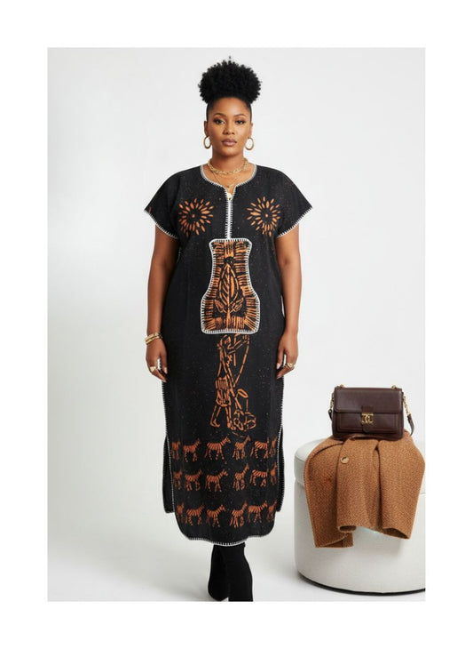 Artisan-Stamped Black & Copper "Hut Life" Kaftan Dress