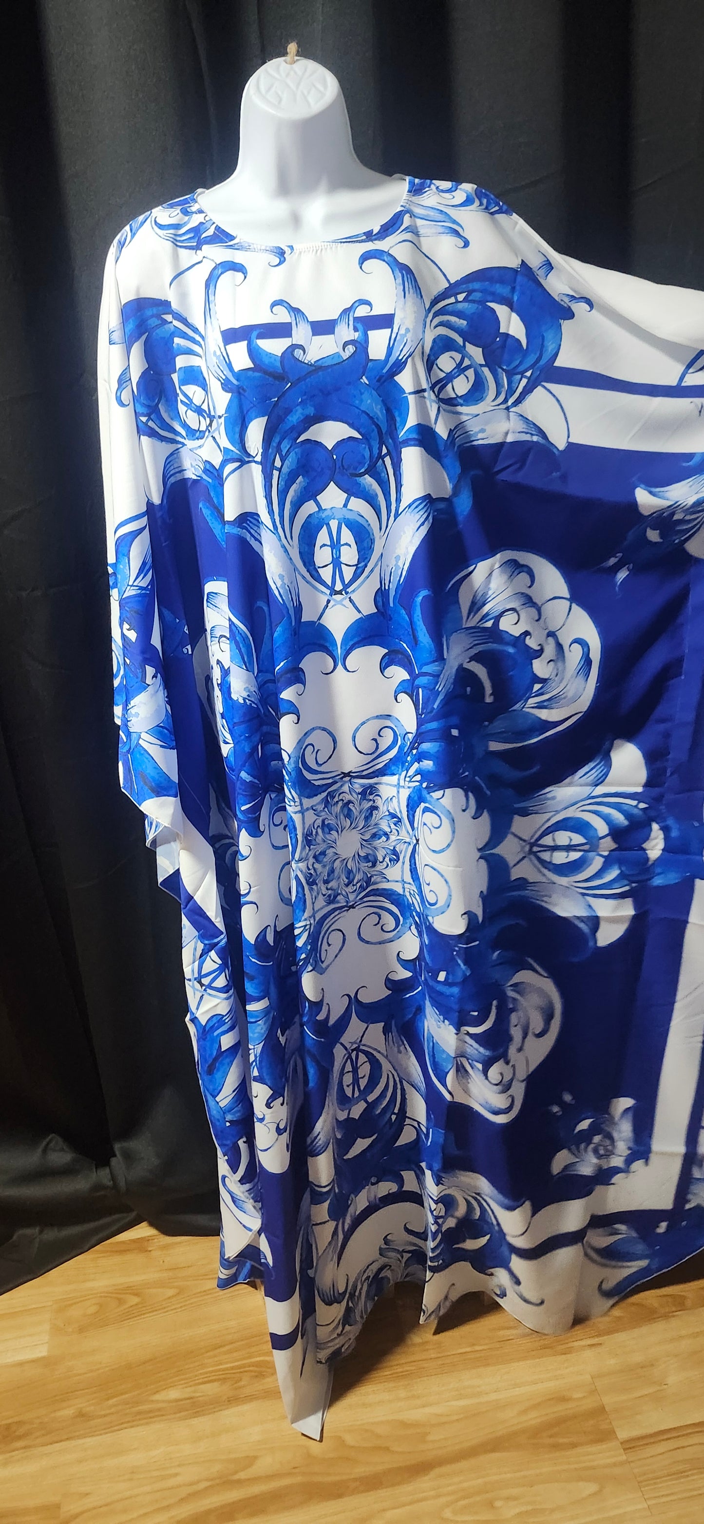 Blue and White Floral Silk-Like Kaftan