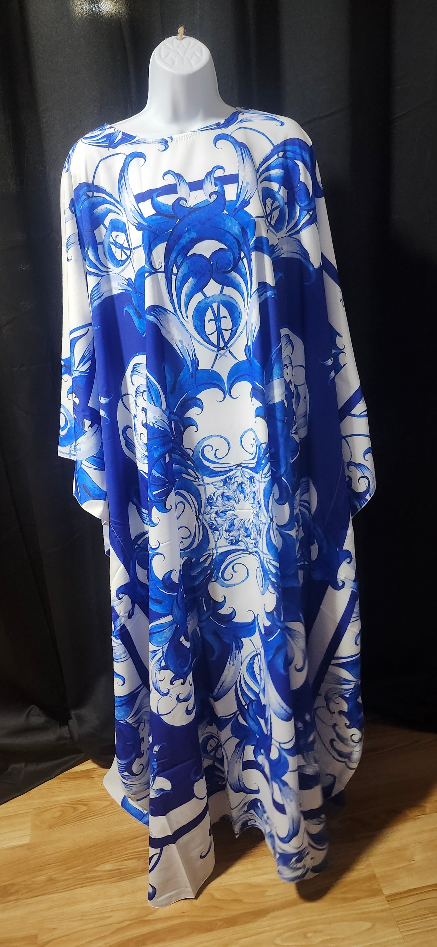 Blue and White Floral Silk-Like Kaftan