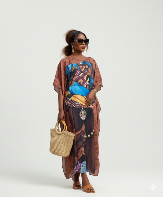 Artistic Heritage Silk-Feel Kaftan – Earthy Tones & Abstract Portrait