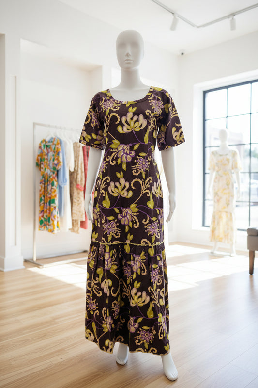 Purple and yellow floral-patterned long dress