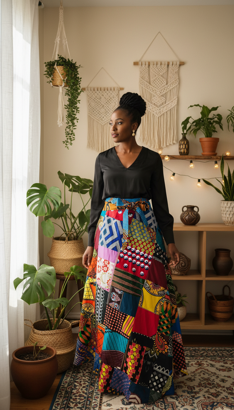 Elegant model wearing colorful patchwork maxi wrap skirt with black blouse