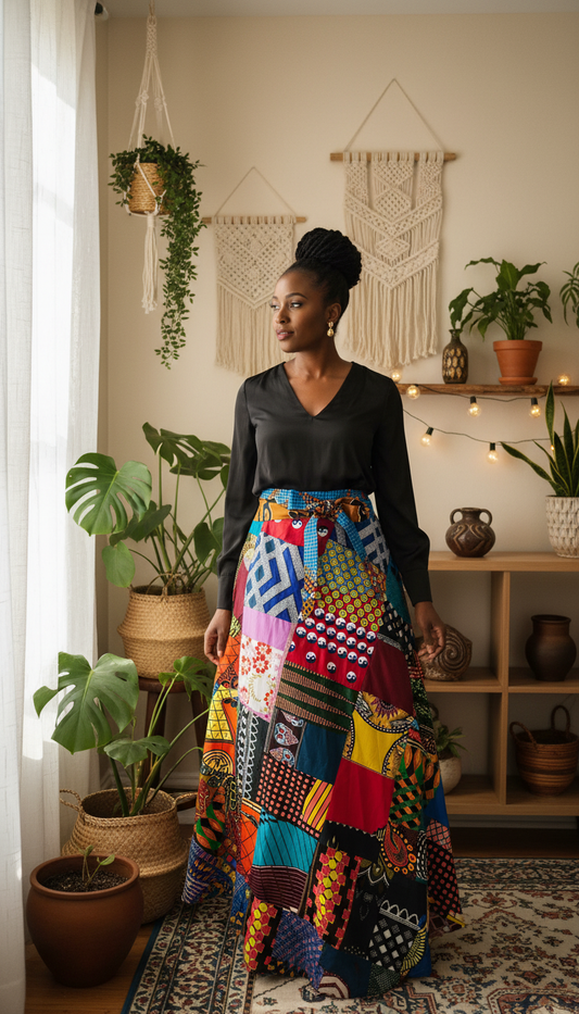 Elegant model wearing colorful patchwork maxi wrap skirt with black blouse