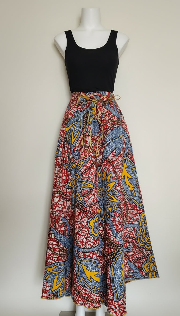 Maxi Skirt , ankara fabric with a colorful pattern on a white background