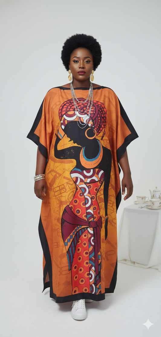 Orange and Black Silhouette Art Kaftan