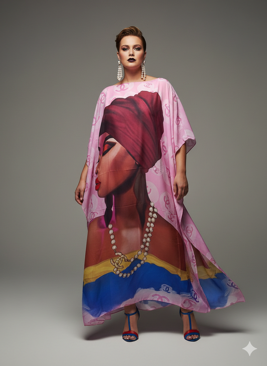 Pink & Blue Silk-Like Kaftan with Portrait Art