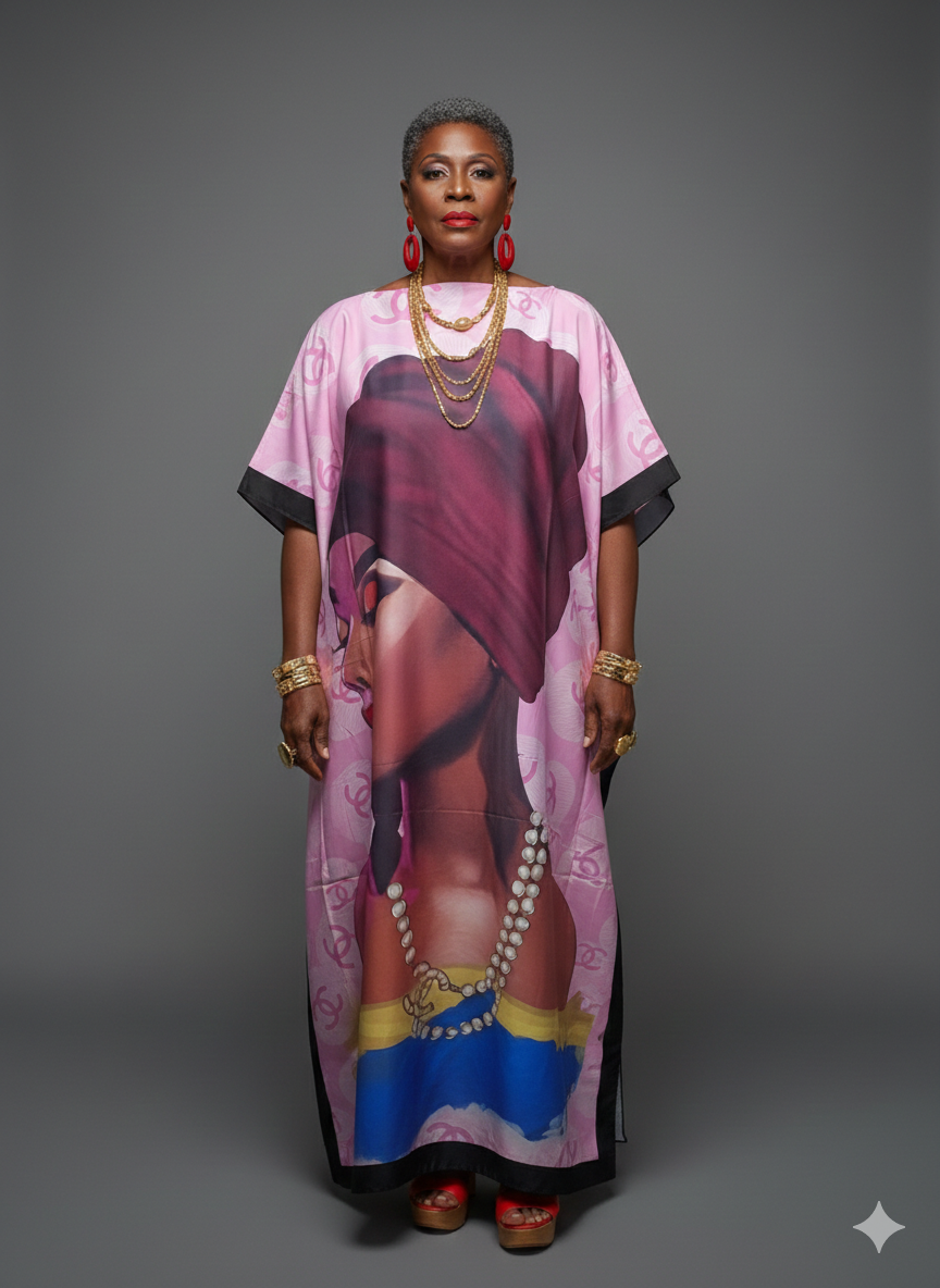 Pink & Blue Silk-Like Kaftan with Portrait Art