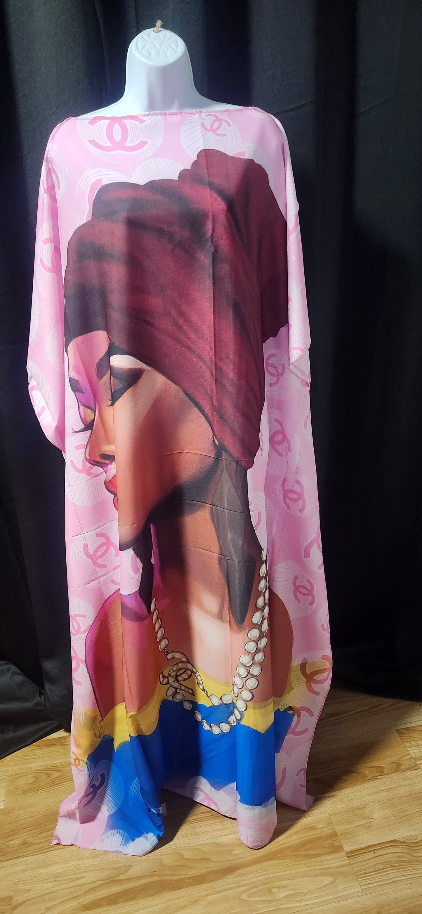 Pink & Blue Silk-Like Kaftan with Portrait Art