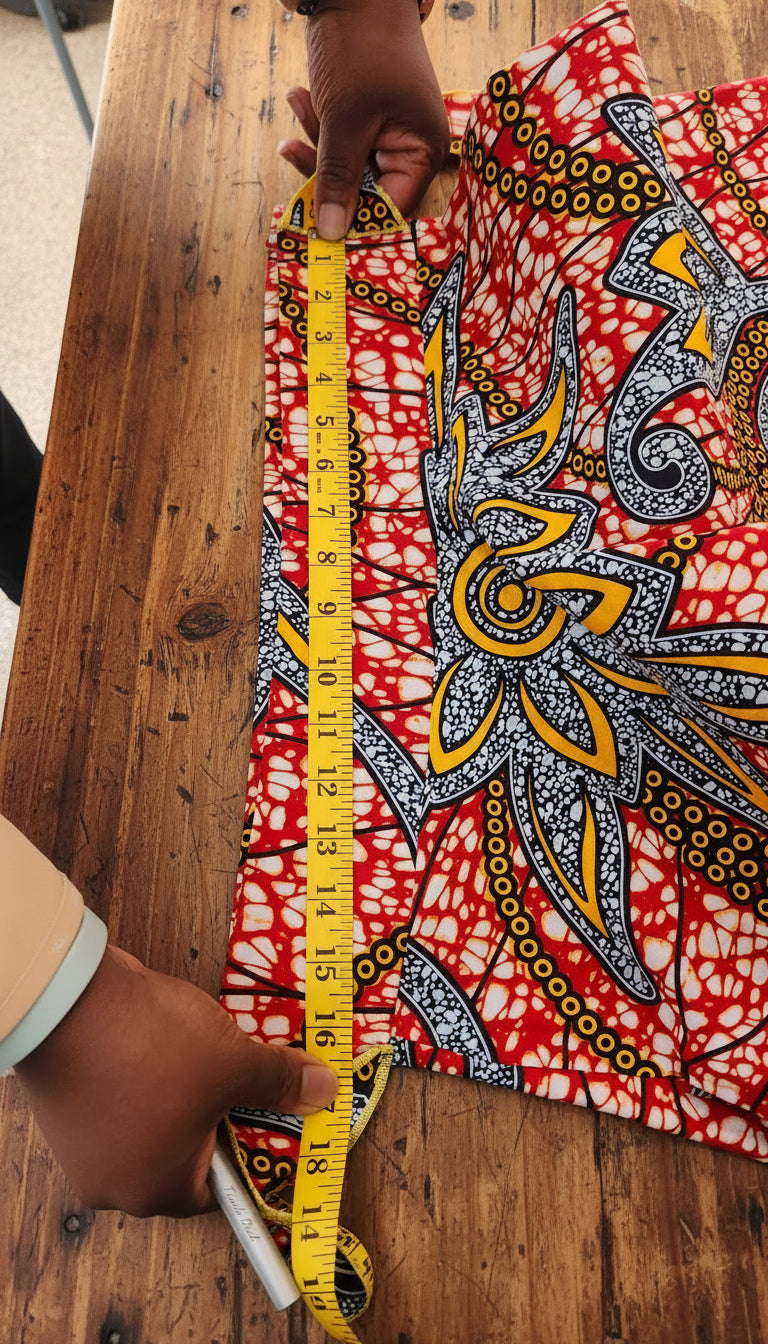 Person measuring colorful fabric with a yellow measuring tape