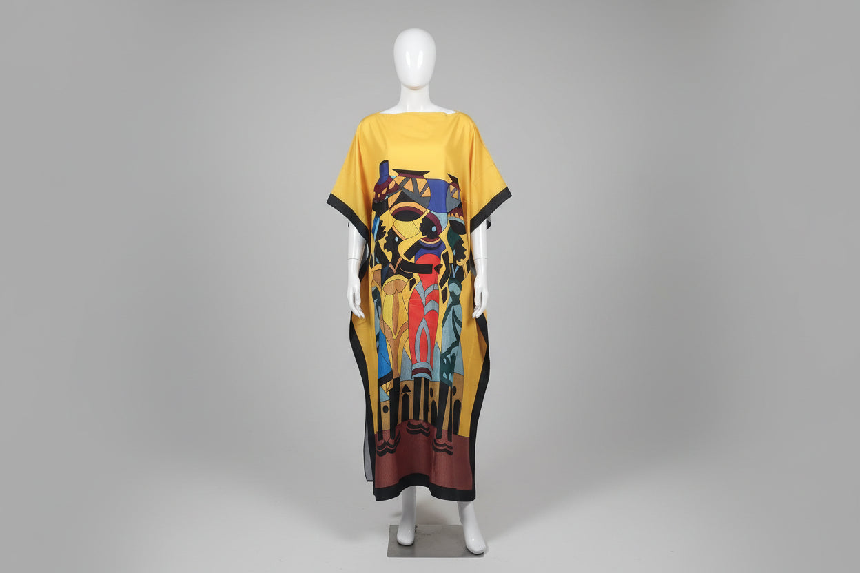 Colorful dress with abstract design on a mannequin against a black background