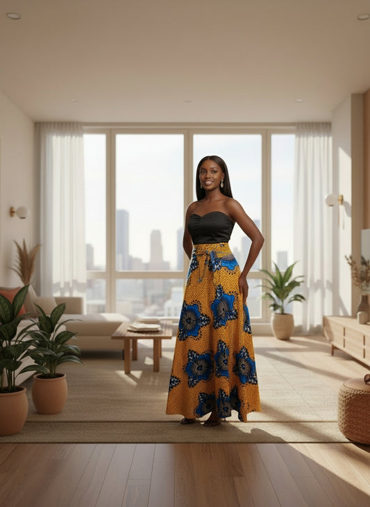 Yellow fabric with blue floral patterns draped over a surface.