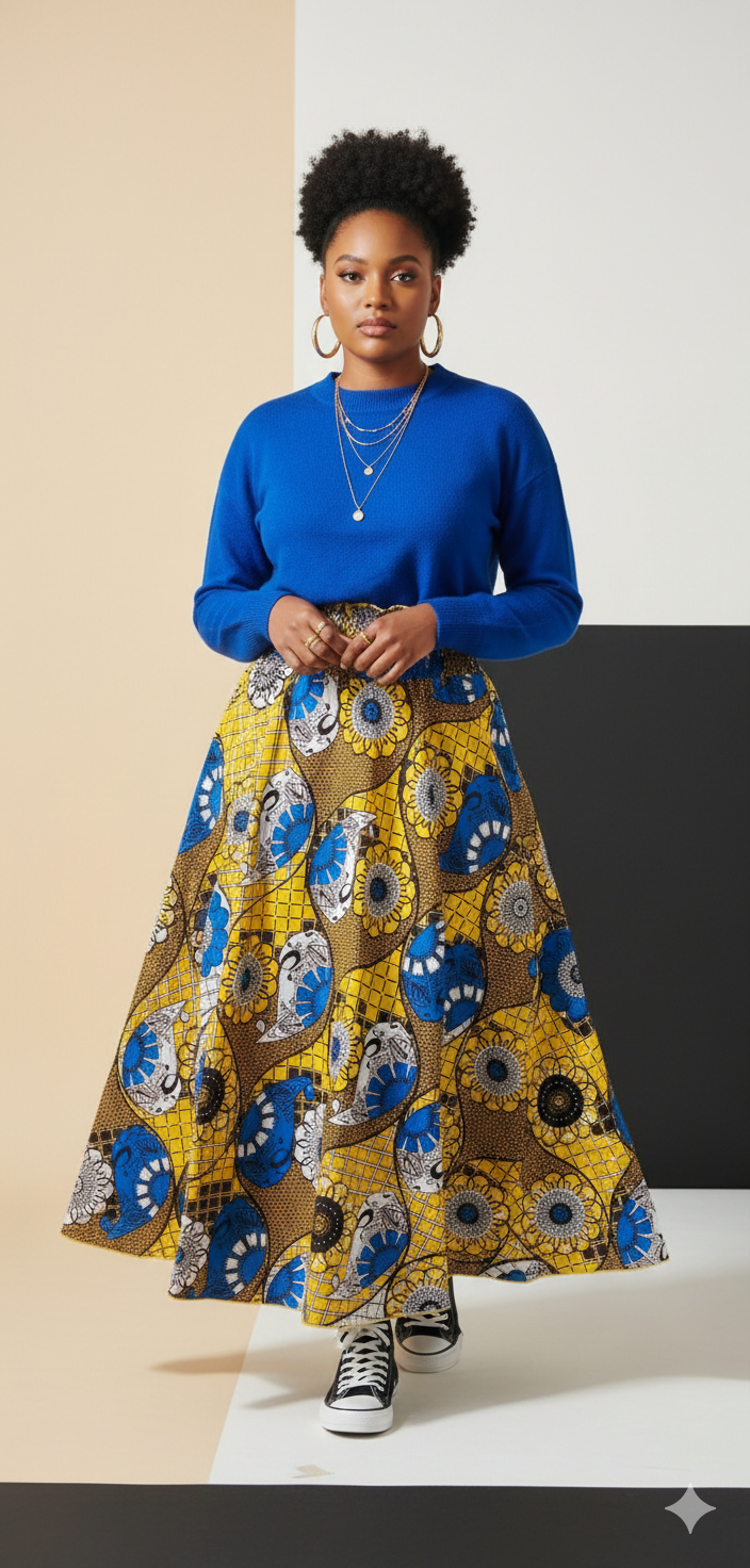 Yellow and Blue Floral Flare Skirt