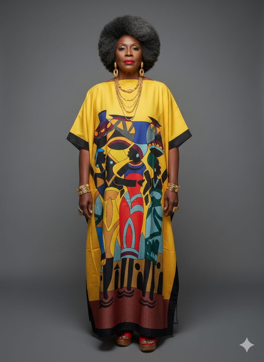 Vibrant Yellow African Village Art Kaftan