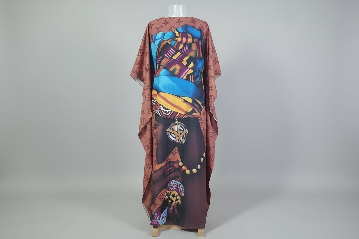 Colorful patterned garment on a wooden stand against a dark background